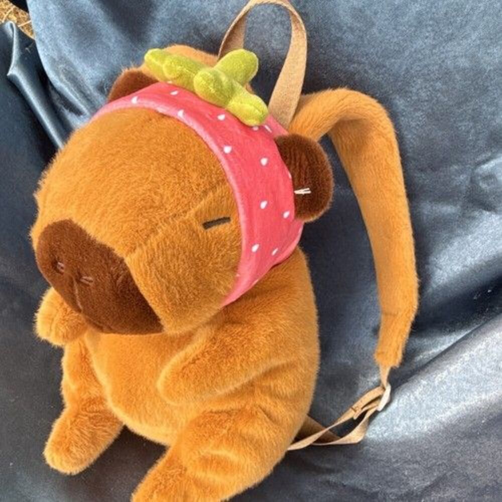 Carried Away Strawberry Capybara 3D Plush Backpack Mini Bag - Super Cute!